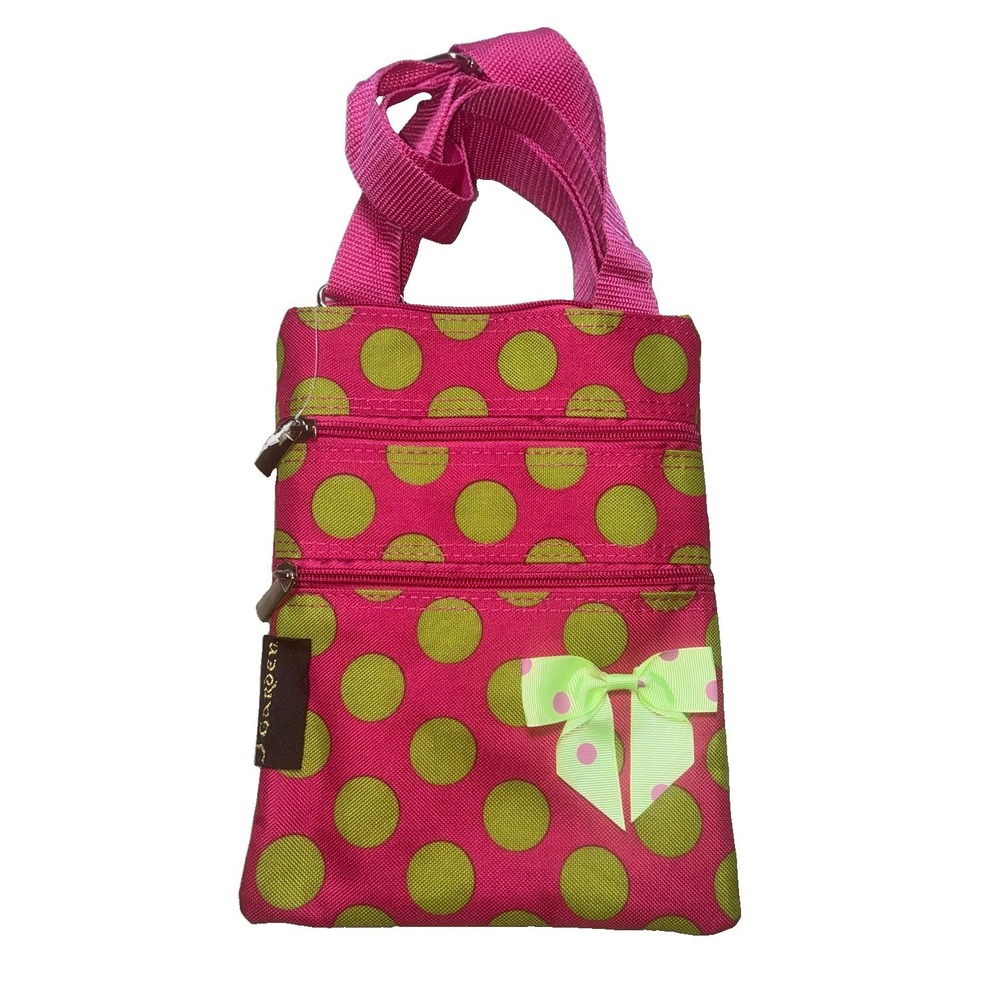 J Garden Polka Dot Crossbody Bag Pink Green Multi Pocket 10x7" NEW